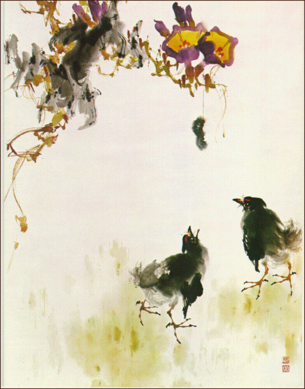 Deux poulets et un ver, Peinture chinoise par Ngan Siu-Mui 
