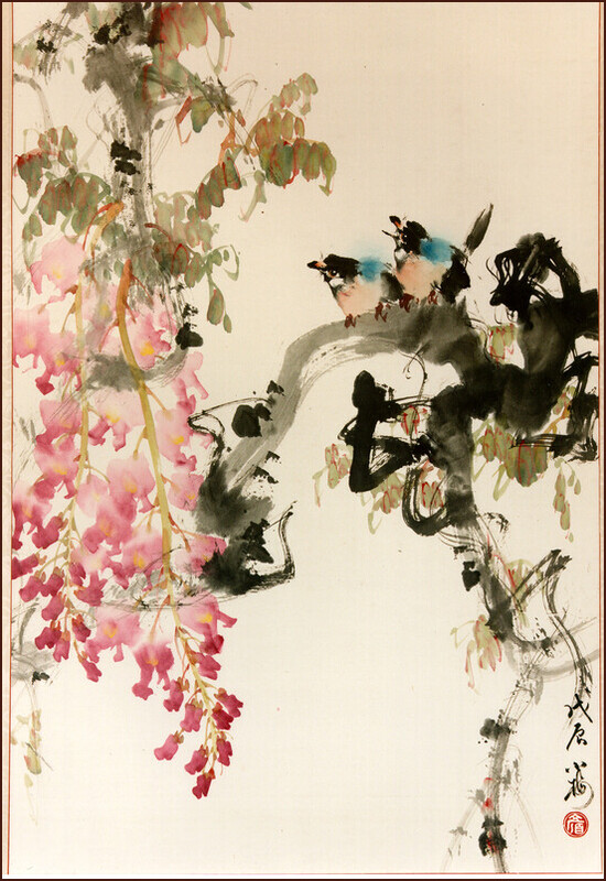 Oiseaux et glycine, Peinture chinoise par Ngan Siu-Mui