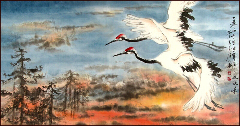 Deux grues, Peinture chinoise par Ngan Siu-Mui