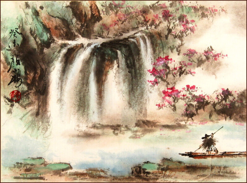 VInspiré du poème de Wang Wei [Voyage en fleur de pêcher], La peinture de paysage chinois de Ngan Siu-Mui