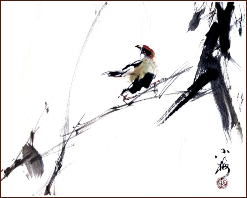 Oiseau dans la forêt de bambous, Peinture chinoise par Ngan Siu-Mui