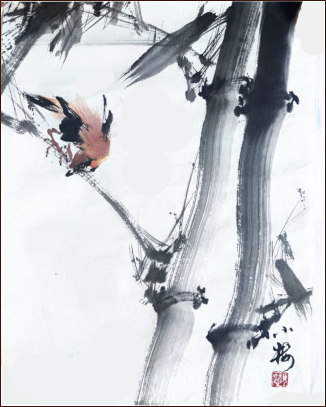 Oiseau dans la forêt de bambous, Peinture chinoise par Ngan Siu-Mui