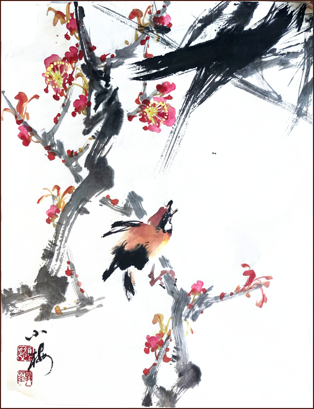Oiseau, Bambou, Fleur De Pêcher, Peinture chinoise par Ngan Siu-Mui