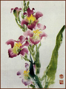 Gladiolas – Chinese Watercolor Painting in Lingnan style by Linda Prenoveau (NganSiuMui.com)